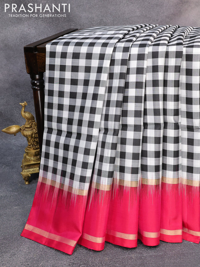 Pure soft silk saree off white black and pink with allover paalum pazhamum checked pattern and rettapet zari woven border