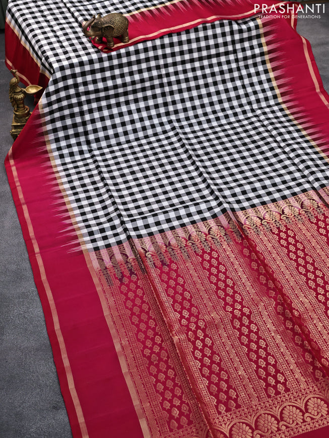 Pure soft silk saree off white black and pink with allover paalum pazhamum checked pattern and rettapet zari woven border
