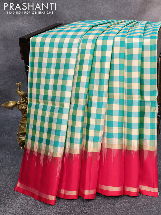 Pure soft silk saree multi colour and pink with allover paalum pazhamum checked pattern and rettapet zari woven border