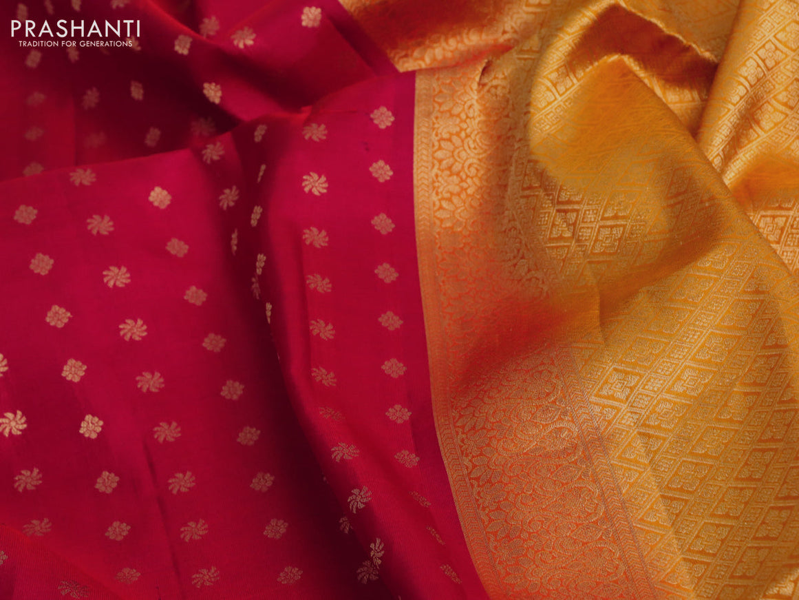 Pure soft silk saree dual shade of pinkish orange and mango yellow with allover zari woven butta weaves and zari woven border