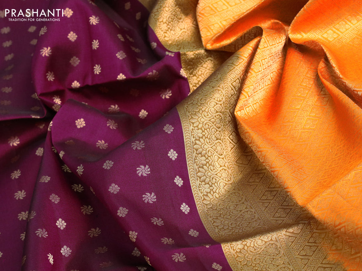 Pure soft silk saree deep purple and mustard yellow with allover zari woven butta weaves and zari woven border