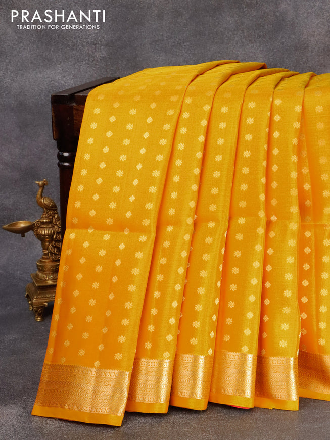 Pure soft silk saree mango yellow and dual shade of pinkish orange with allover zari woven butta weaves and zari woven border