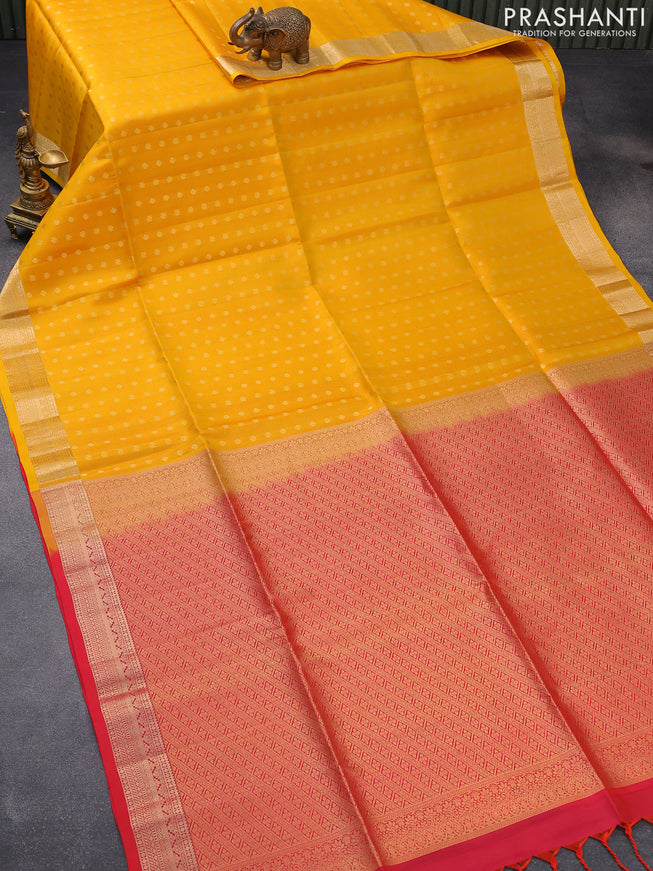 Pure soft silk saree mango yellow and dual shade of pinkish orange with allover zari woven butta weaves and zari woven border