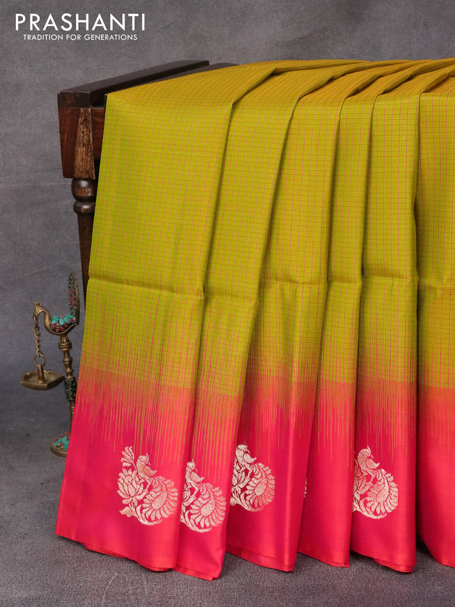 Pure soft silk saree lime green and dual shade of pinkish orange with allover checked pattern and zari woven butta border