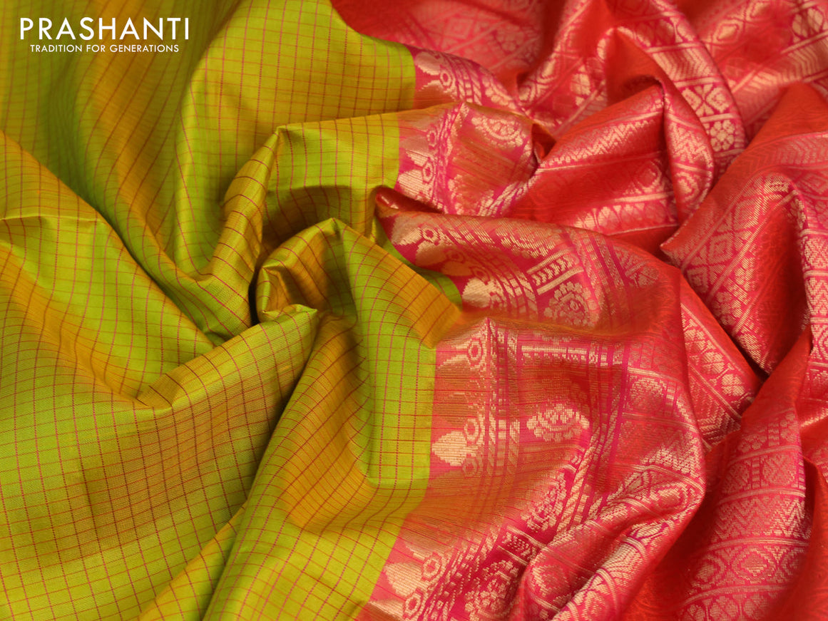 Pure soft silk saree lime green and dual shade of pinkish orange with allover checked pattern and zari woven butta border