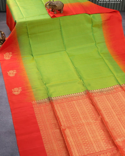 Pure soft silk saree light green and orange with allover checked pattern and zari woven butta border