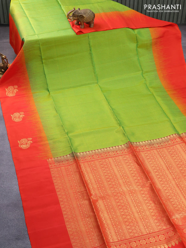 Pure soft silk saree light green and orange with allover checked pattern and zari woven butta border