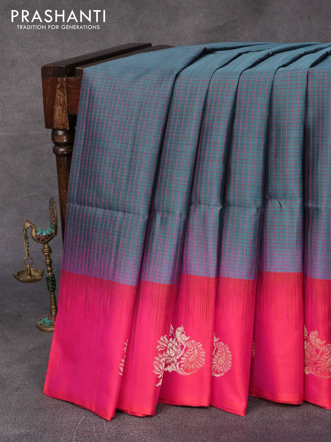 Pure soft silk saree peacock green and dual shade of pinkish orange with allover checked pattern and zari woven butta border