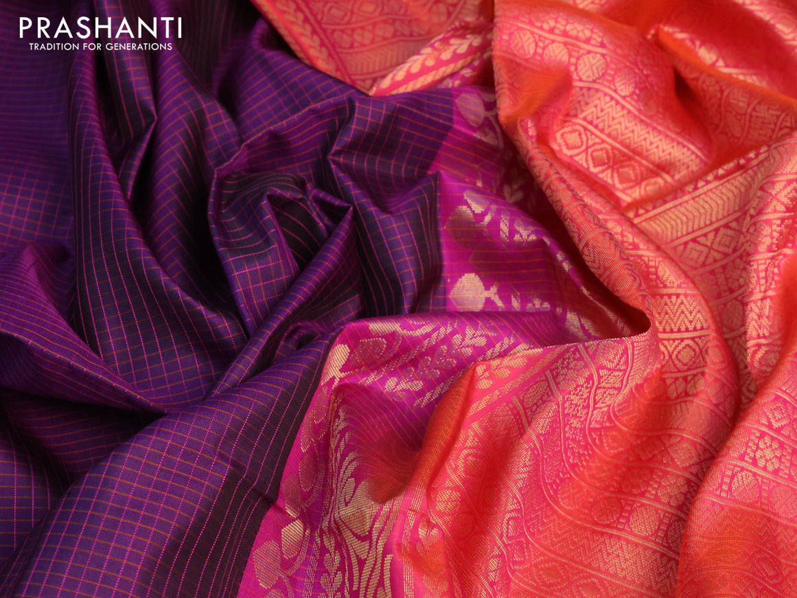 Pure soft silk saree deep violet and dual shade of pinkish orange with allover checked pattern and zari woven butta border