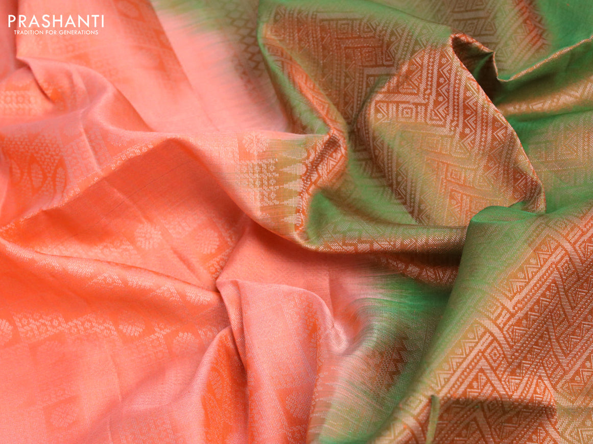 Pure soft silk saree orange and dual shade of greenish orange with allover silver woven brocade weaves and silver zari woven border