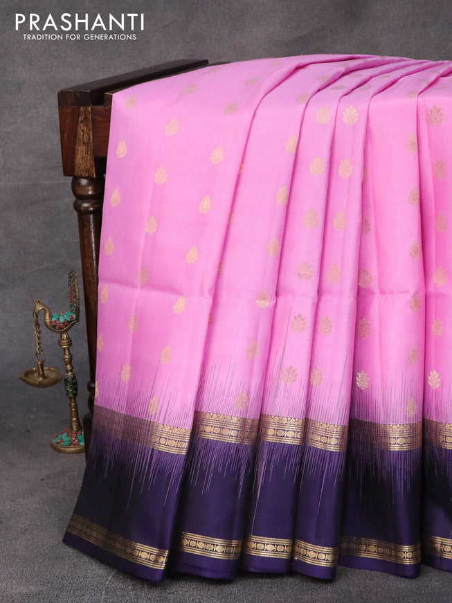 Pure soft silk saree lotus pink and dark blue with allover zari woven buttas and rettapet zari woven border