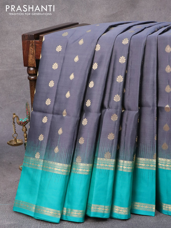 Pure soft silk saree grey and teal blue with allover zari woven buttas and rettapet zari woven border