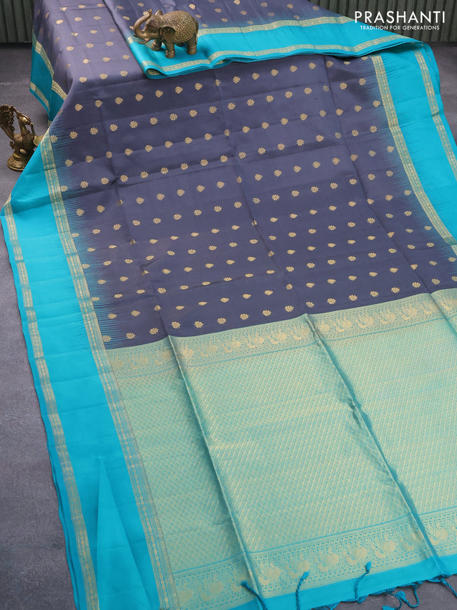 Pure soft silk saree grey and teal blue with allover zari woven buttas and rettapet zari woven border