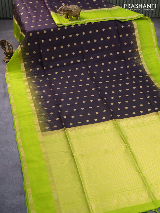 Pure soft silk saree deep jamun shade and fluorescent green with allover zari woven buttas and rettapet zari woven border