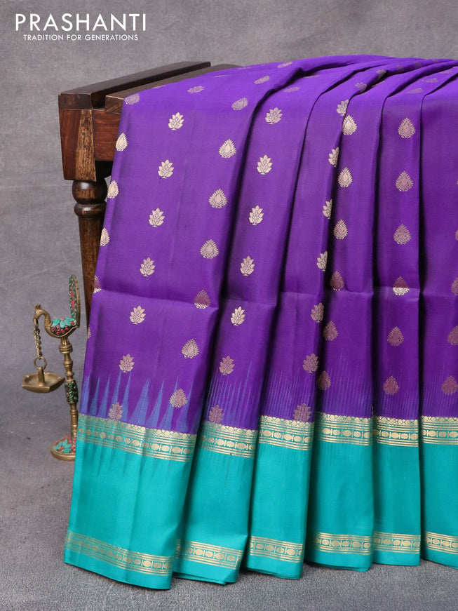Pure soft silk saree violet and teal blue with allover zari woven buttas and rettapet zari woven border