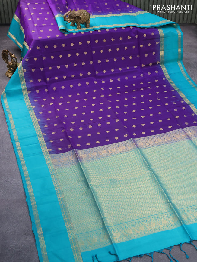 Pure soft silk saree violet and teal blue with allover zari woven buttas and rettapet zari woven border