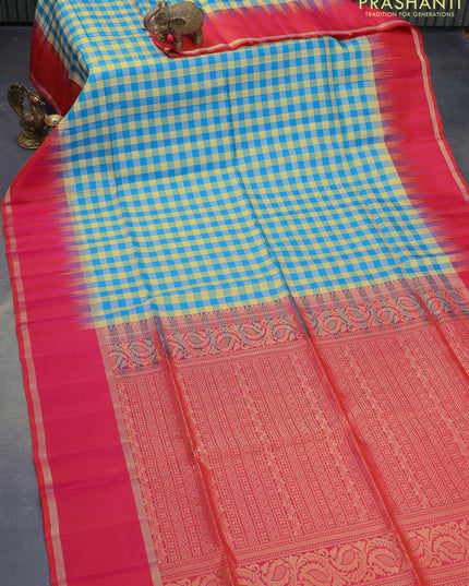 Pure soft silk saree cream cs blue and dual shade of pinkish orange with allover paalum pazhamum checked pattern and rettapet zari woven border
