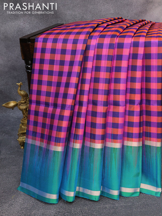 Pure soft silk saree multi colour and dual shade of bluish green with allover paalum pazhamum checked pattern and rettapet zari woven border