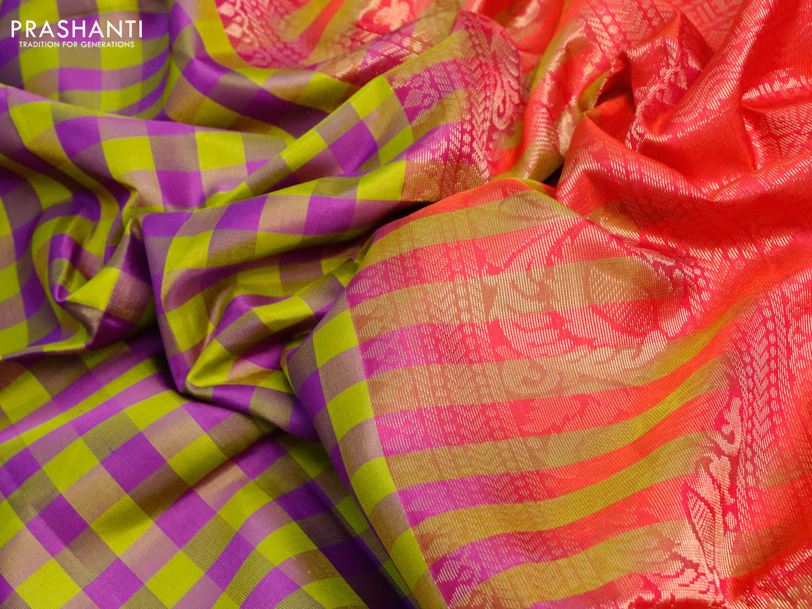 Pure soft silk saree light green purple and dual shade of pinkish orange with allover paalum pazhamum checked pattern and rettapet zari woven border
