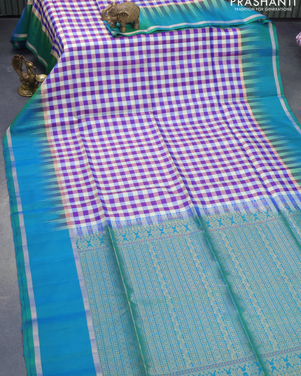 Pure soft silk saree multi colour and dual shade of bluish green with allover paalum pazhamum checked pattern and rettapet zari woven border