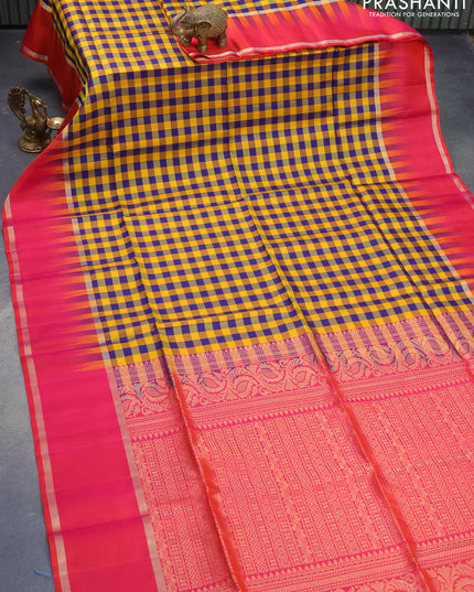 Pure soft silk saree yellow blue and dual shade of pinkish orange with allover paalum pazhamum checked pattern and rettapet zari woven border