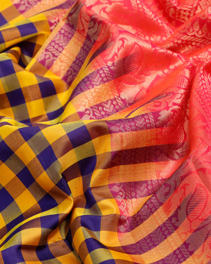 Pure soft silk saree yellow blue and dual shade of pinkish orange with allover paalum pazhamum checked pattern and rettapet zari woven border