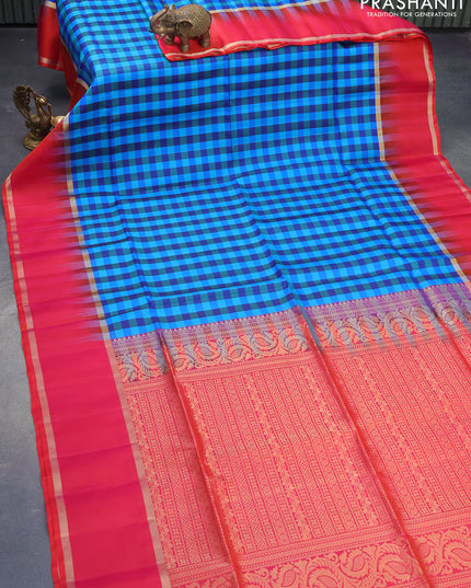 Pure soft silk saree blue shade and dual shade of pinkish orange with allover paalum pazhamum checked pattern and rettapet zari woven border