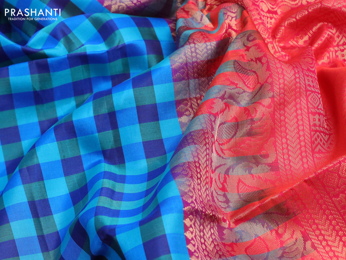 Pure soft silk saree blue shade and dual shade of pinkish orange with allover paalum pazhamum checked pattern and rettapet zari woven border