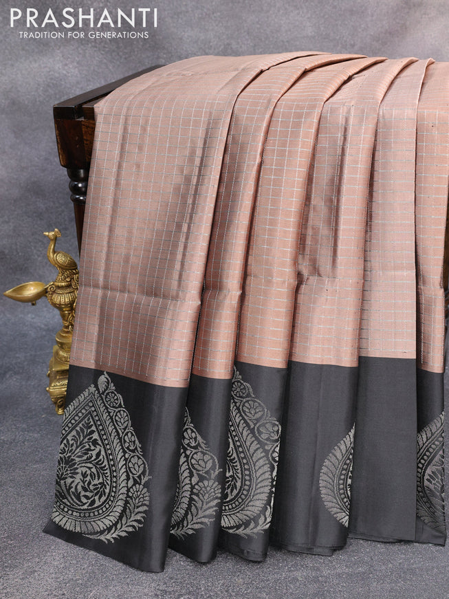 Pure soft silk saree pastel brown and black with allover silver zari checked pattern and silver zari woven butta border