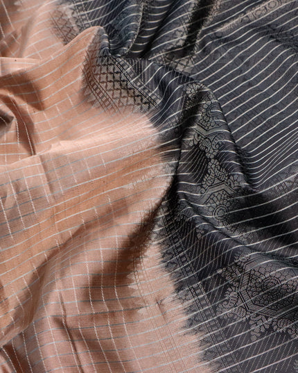 Pure soft silk saree pastel brown and black with allover silver zari checked pattern and silver zari woven butta border