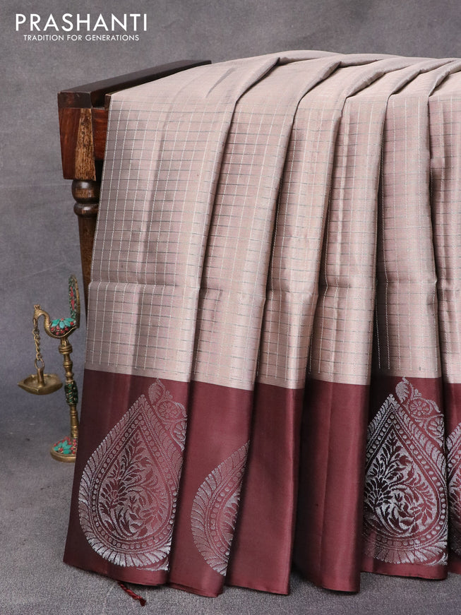 Pure soft silk saree grey shade and brown with allover silver zari checked pattern and silver zari woven butta border