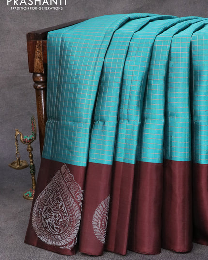 Pure soft silk saree teal blue and brown with allover silver zari checked pattern and silver zari woven butta border