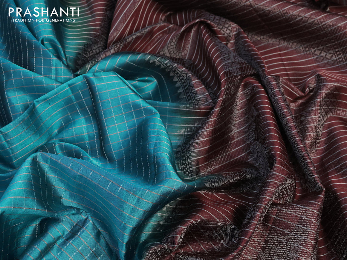 Pure soft silk saree teal blue and brown with allover silver zari checked pattern and silver zari woven butta border