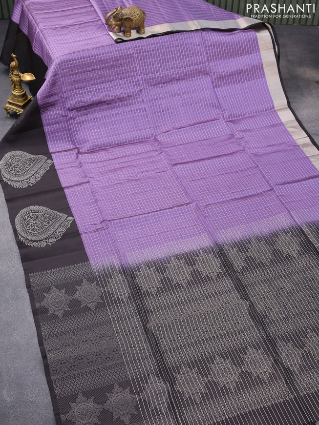 Pure soft silk saree lavender shade and black with allover silver zari checked pattern and silver zari woven butta border