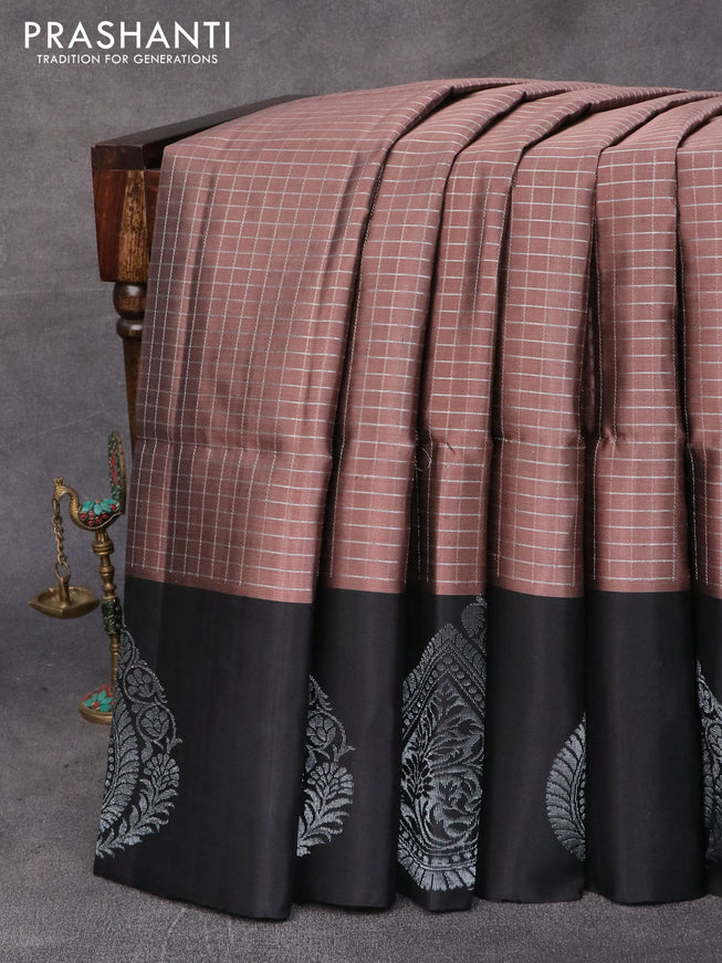 Pure soft silk saree brown and black with allover silver zari checked pattern and silver zari woven butta border