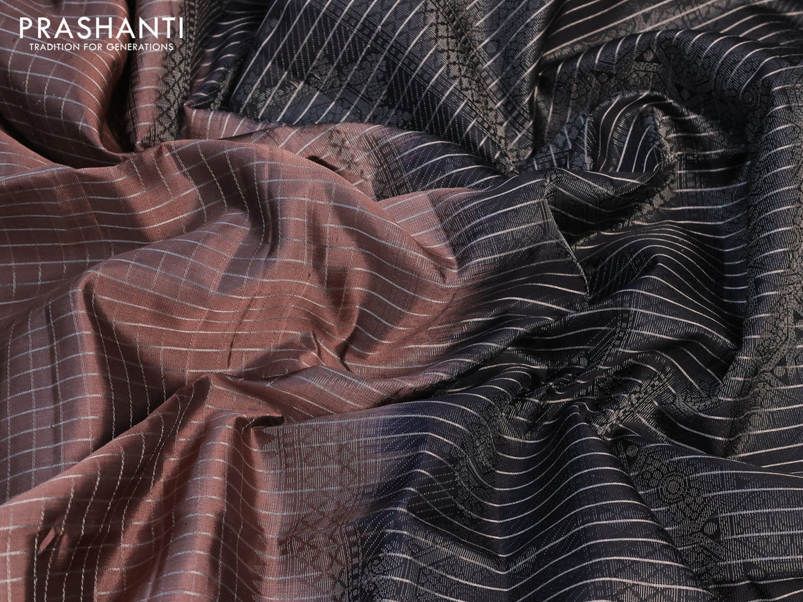 Pure soft silk saree brown and black with allover silver zari checked pattern and silver zari woven butta border