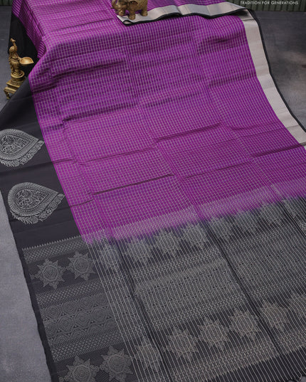 Pure soft silk saree deep purple and black with allover silver zari checked pattern and silver zari woven butta border