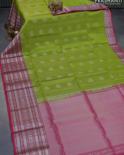 Pure soft silk saree light green and magenta pink with allover silver zari woven annam butta weaves and long silver zari woven border