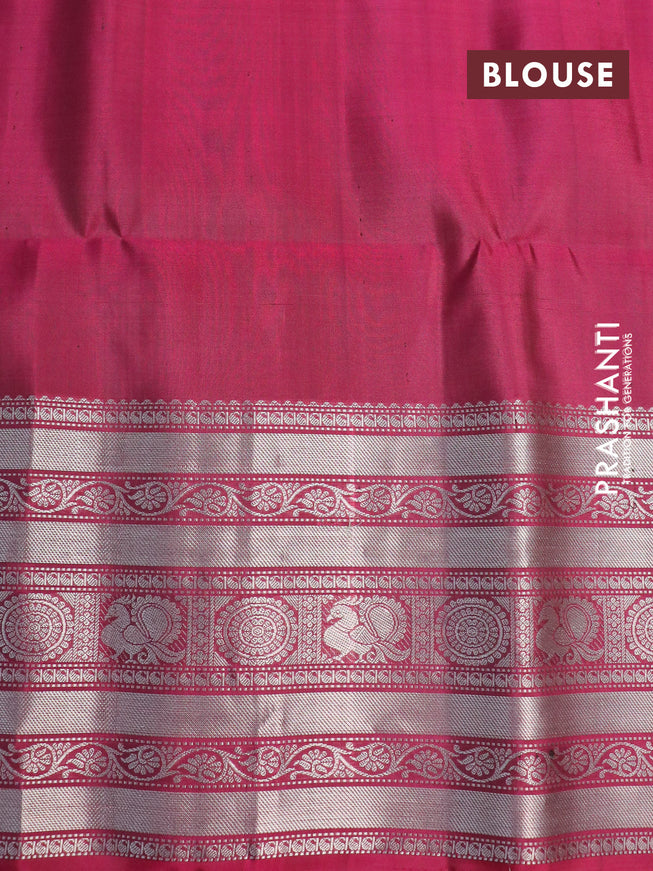 Pure soft silk saree light green and magenta pink with allover silver zari woven annam butta weaves and long silver zari woven border