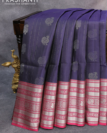 Pure soft silk saree navy blue and magenta pink with allover silver zari woven annam butta weaves and long silver zari woven border