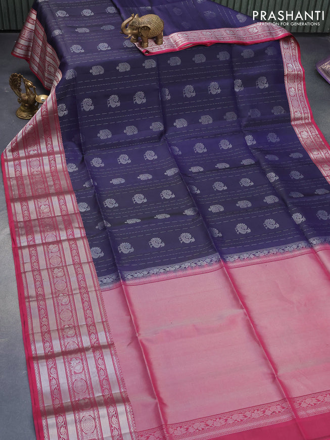 Pure soft silk saree navy blue and magenta pink with allover silver zari woven annam butta weaves and long silver zari woven border