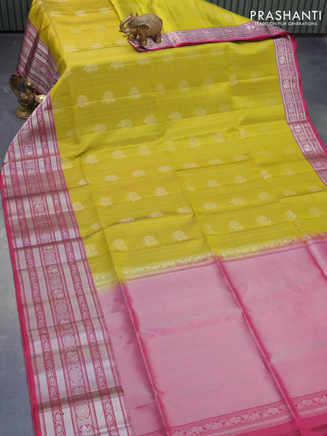 Pure soft silk saree mehendi green and magenta pink with allover silver zari woven annam butta weaves and long silver zari woven border