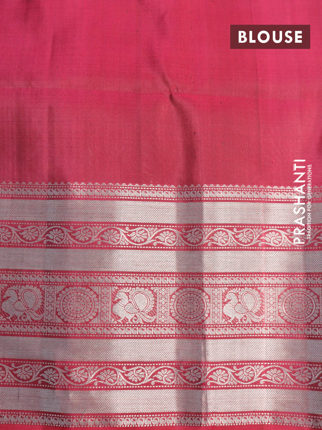 Pure soft silk saree mehendi green and magenta pink with allover silver zari woven annam butta weaves and long silver zari woven border