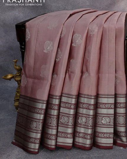 Pure soft silk saree pastel brown and coffee brown with allover silver zari woven annam butta weaves and long silver zari woven border