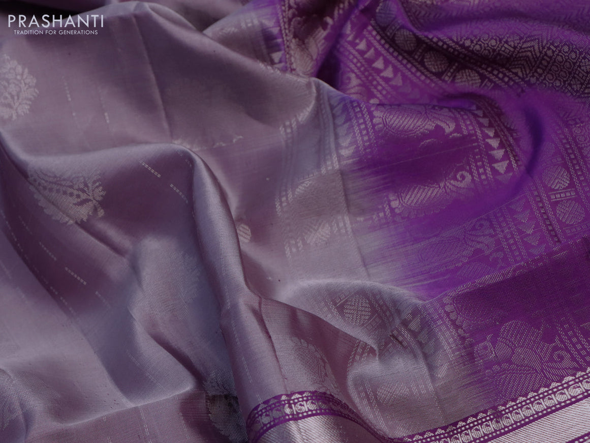 Pure soft silk saree grey shade and violet with allover silver zari woven annam butta weaves and long silver zari woven border