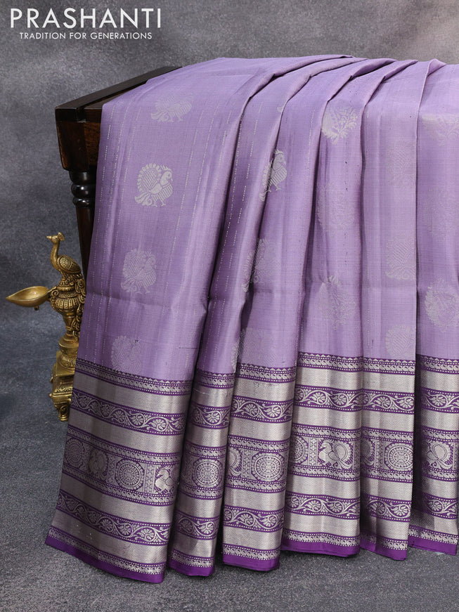 Pure soft silk saree pastel lavender and deep violet with allover silver zari woven annam butta weaves and long silver zari woven border