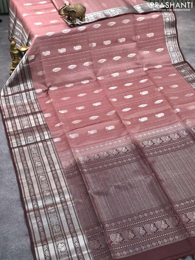 Pure soft silk saree pastel brown and coffee brown with allover silver zari weaves and long silver zari woven border