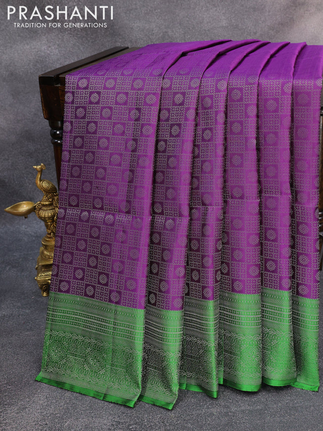 Pure soft silk saree deep violet and green with allover silver zari weaves and silver zari woven border