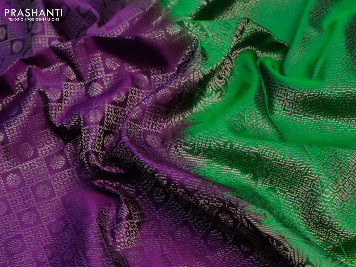 Pure soft silk saree deep violet and green with allover silver zari weaves and silver zari woven border