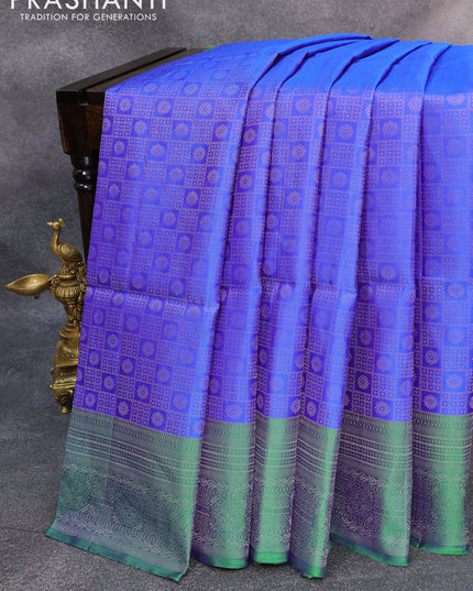 Pure soft silk saree royal blue and dual shade of bluish green with allover silver zari weaves and silver zari woven border